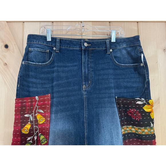 Upcycled Long Denim Skirt with Kantha Patches and Ruffle Hem | Size 16 - Picture 2 of 15